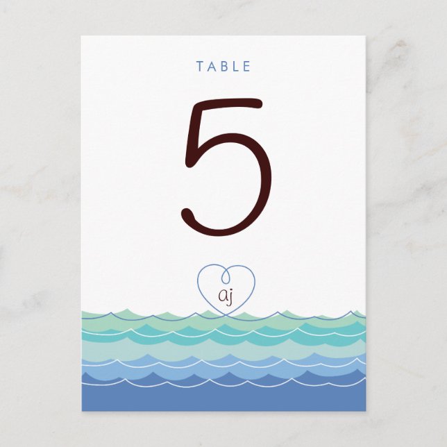 Blue Waves Loopy Heart Beach Modern Table Number Postcard (Front)