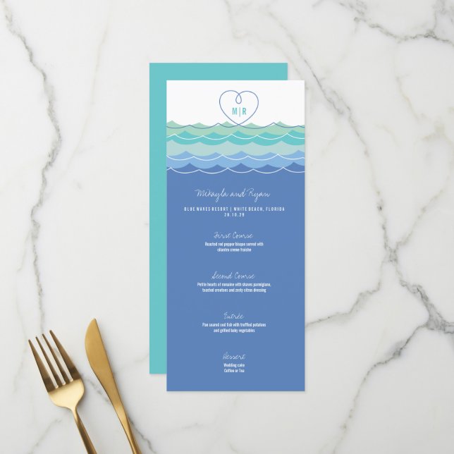 Blue Waves Loopy Love Heart Monogram Beach Wedding Menu (Front/Back In Situ)