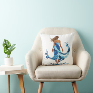 Blue Waves Ocean Girl Throw Pillow
