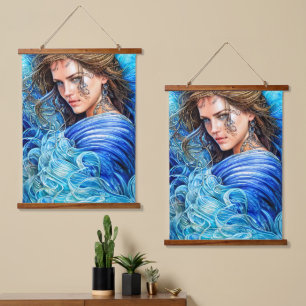 Blue Waves Ocean Goddess Fantasy Art Hanging Tapestry