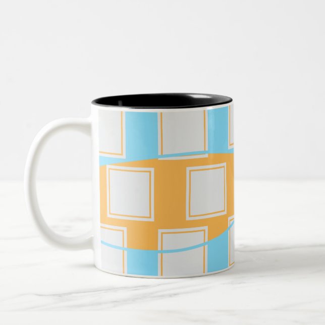 Blue Waves Over White Square Patches  Two-Tone Coffee Mug (Left)