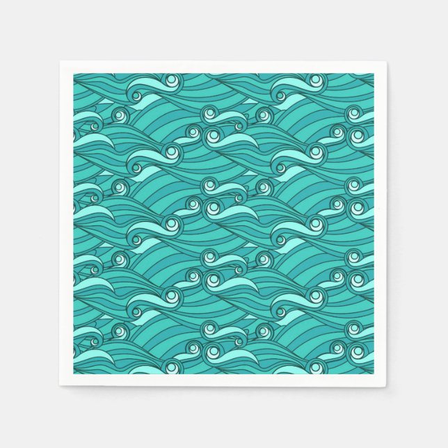 Blue waves retro surf doodle beach art napkin (Front)