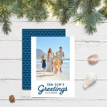 Blue Waves Sea-Sun's Greetings Photo Holiday Card<br><div class="desc">Blue Waves Sea-Sun's Greetings Photo holiday card has blue wave pattern back side. Personalize it by replacing the placeholder text and replace the placeholder image with your own photo. For more options such as to change the font and it's size/colour or the spacing between letters click the "Customize" button. *Please...</div>