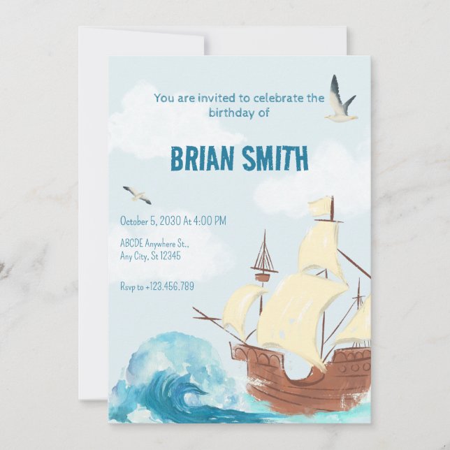 Blue waves ship viking birthday  invitation (Front)