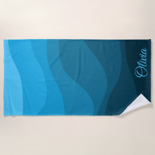 Blue wavy ocean retro style waves design beach towel