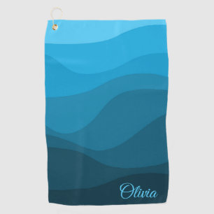 Blue wavy ocean retro style waves design golf towel