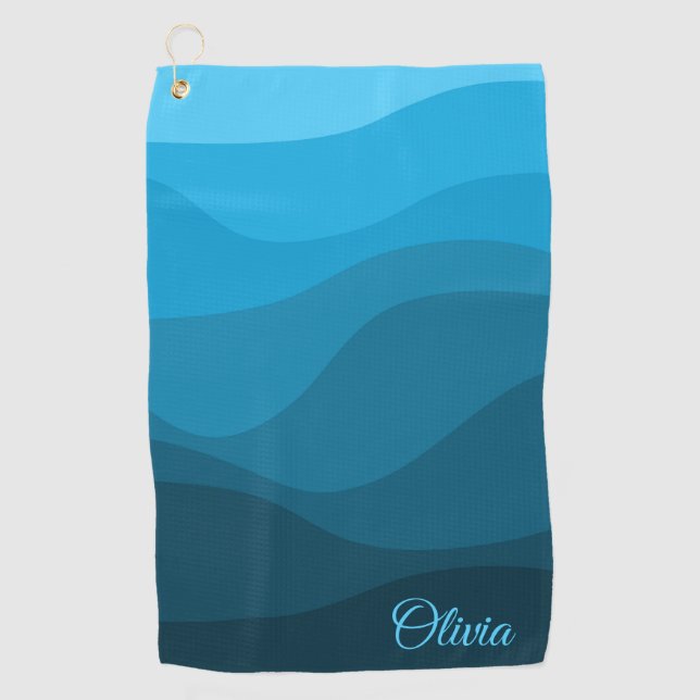 Blue wavy ocean retro style waves design golf towel (Front)