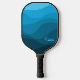 Blue wavy ocean retro style waves design pickleball paddle