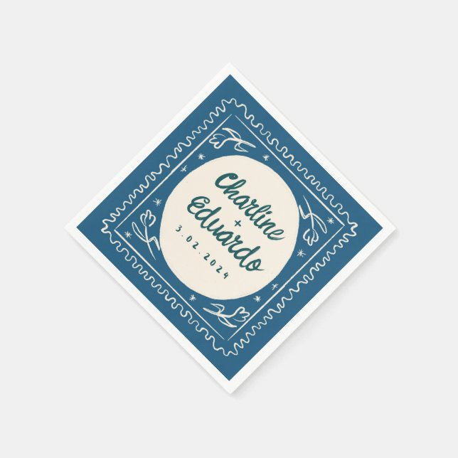 Blue Wavy Pastel Handwriting Retro Wedding Napkins (Corner)