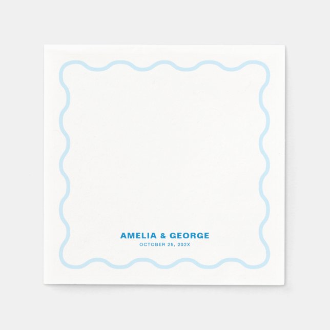 Blue Wavy Retro Wedding Cocktail Napkin (Front)