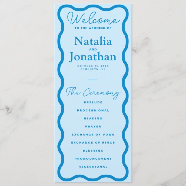 Blue Wavy Retro Wedding Program (Front)