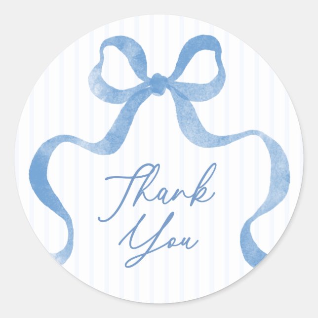 Blue Wavy Ribbon Bow Baby Shower Thank You Classic Round Sticker (Front)