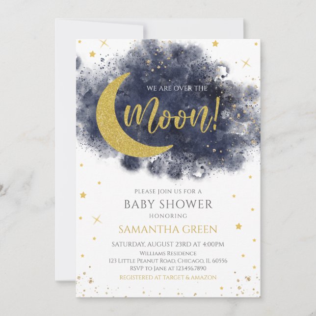 Blue We are Over the Moon Baby Shower Invitation (Front)