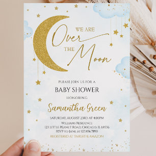 Blue We are Over the Moon Baby Shower Invitation