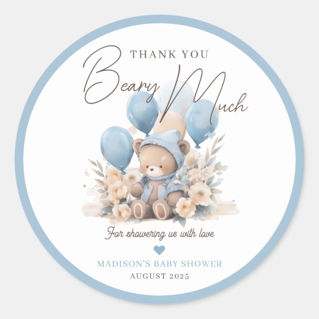Blue We Can Bearly Wait Baby Shower Favour Classic Round Sticker (Front)