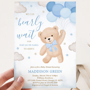 Blue We Can Bearly Wait Baby Shower Invitation