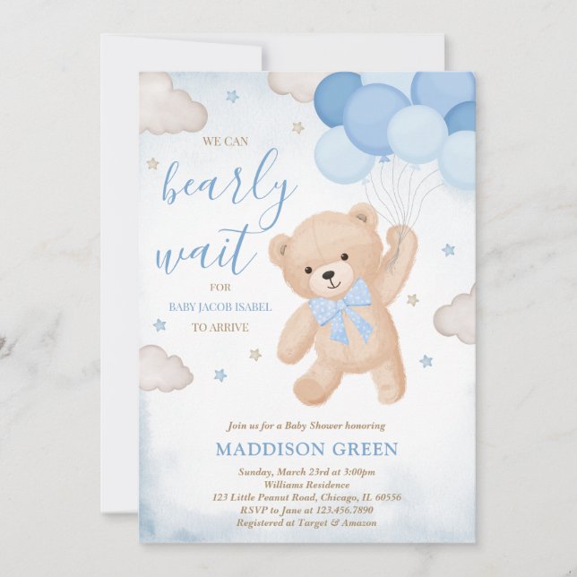 Blue We Can Bearly Wait Baby Shower Invitation (Front)