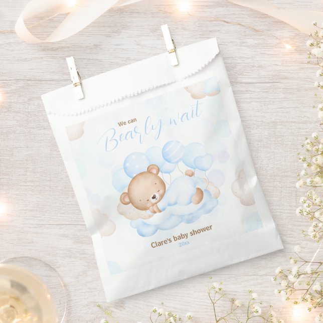 Blue We Can Bearly Wait Bear Baby Shower Favour Bag (Clipped)