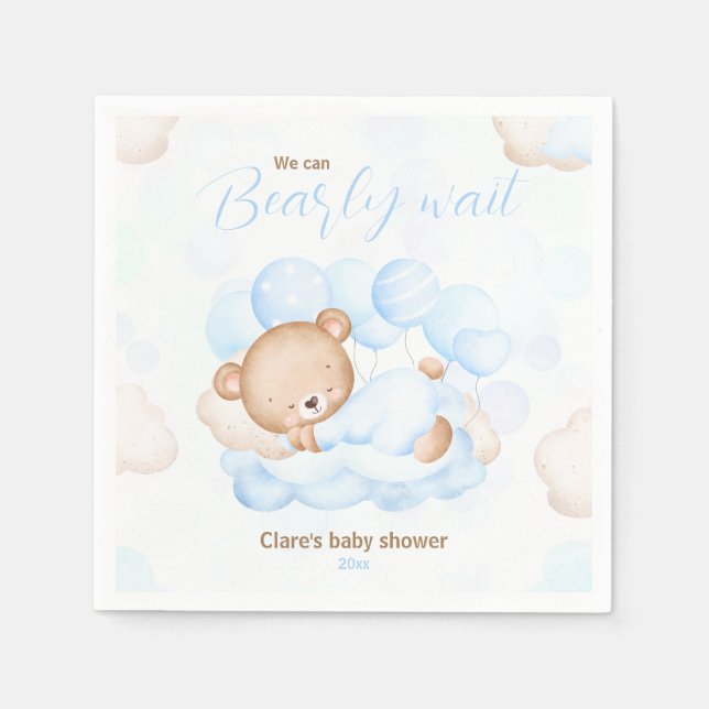 Blue We Can Bearly Wait Bear Baby Shower Napkins  (Front)
