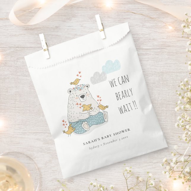 Blue We Can Bearly Wait Bear Birds Baby Shower Favour Bag (Clipped)