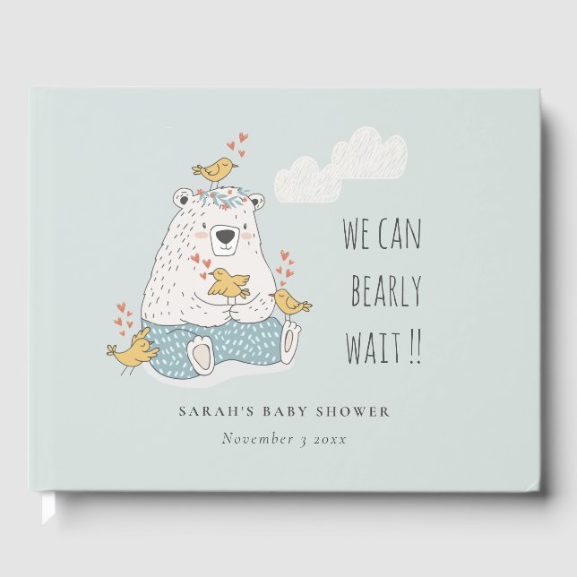 Blue We Can Bearly Wait Bear Birds Baby Shower Guest Book (Front)