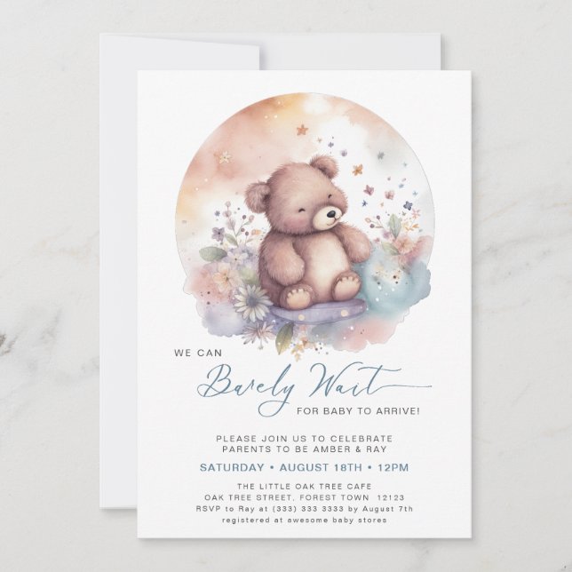 Blue We Can Bearly Wait Bear Boy Baby Shower Invitation (Front)
