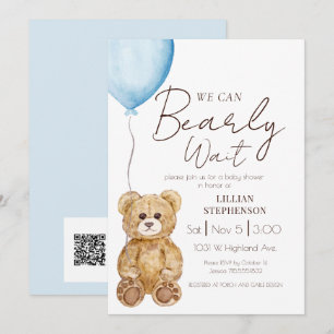Blue We Can Bearly Wait Boy Baby Shower QR Code Invitation