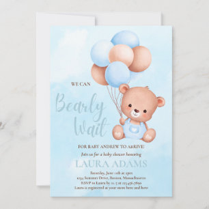 Blue We Can Bearly Wait Boy Bear Baby Shower Invitation
