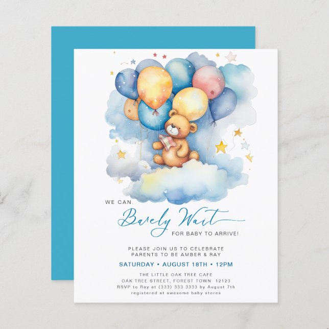 Blue We Can Bearly Wait Cute Boy Baby Shower (Front/Back)