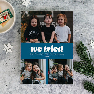 Blue We Tried Funny Multiple Photo Christmas Holiday Card