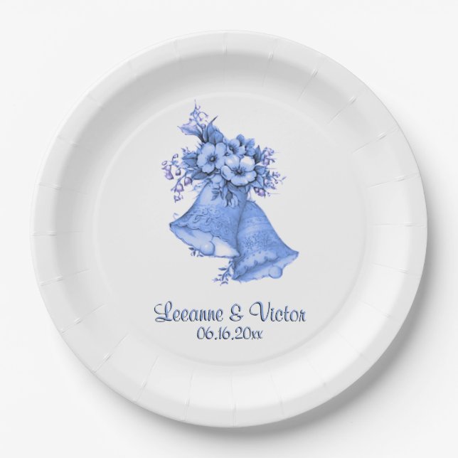 Blue Wedding Bells Personalized Paper Plate (Front)