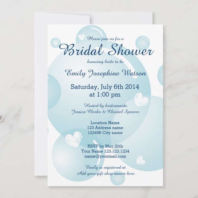 Blue wedding bubbles bridal shower invitations (Front)