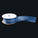 Blue Wedding Custom Names Pattern Satin Ribbon<br><div class="desc">Add a refined finishing touch to your wedding details with this elegant blue ribbon featuring classic serif typography. Perfect for styling welcome bags, bridesmaid proposal boxes, wedding favors, gift wrapping, floral arrangements, and event décor. Customize the ribbon with your names to coordinate with the rest of your stationery and color...</div>