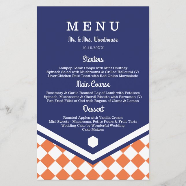 Blue Wedding Menu with Orange Chequered Pattern (Front)