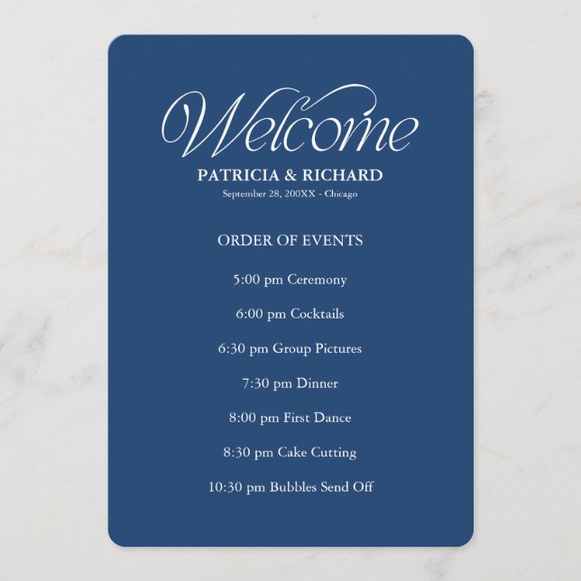 Blue Wedding Order of Events Timeline Schedule Program (Front)