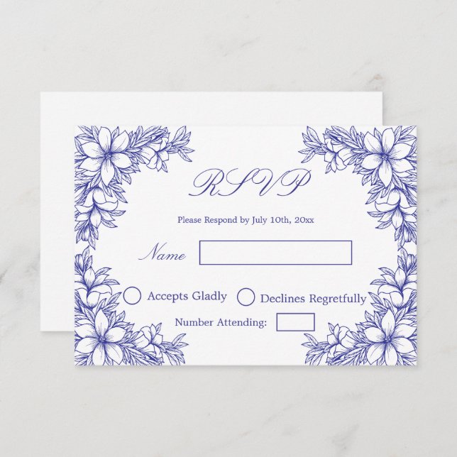 Blue Wedding RSVP with Ornate Floral graphics (Front/Back)