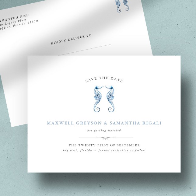 Blue Wedding Seahorse Save The Date Postcard (wedding invitations beach blue seahorses watercolor destination wedding)