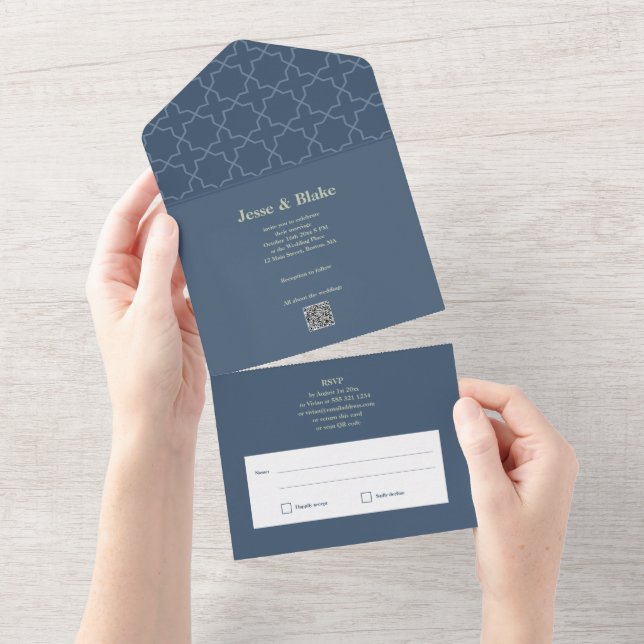 Blue wedding with Latticework Pattern All In One Invitation (Tearaway)