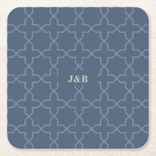 Blue Wedding with Latticework Pattern Square Paper Coaster