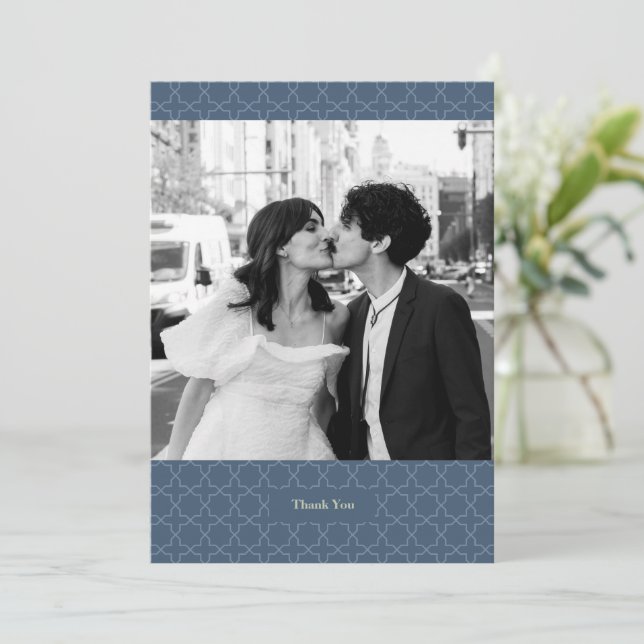 Blue Wedding with Latticework Pattern Thank You Card (Standing Front)