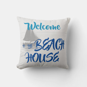 Blue Welcome to the Beach House nautical Throw Pillow