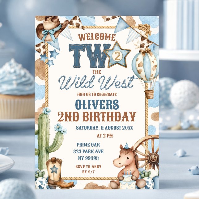 Blue Welcome Two The Wild West Second Birthday Invitation (Creator Uploaded)