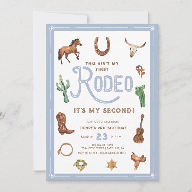 Blue Western 2nd Birthday Rodeo  Invitation (Front)
