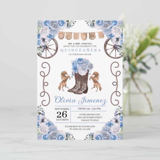 Blue Western Charra Floral Boots Quinceañera Invitation (Standing Front)