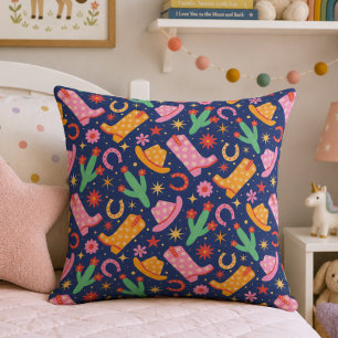 Blue Western Cowgirl Boots Cactus Floral Throw Pillow
