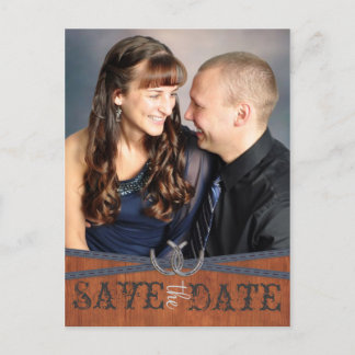 Blue Western & Dark Wood Save the Date Announcement Postcard