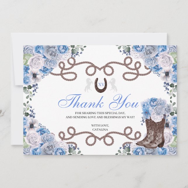 Blue Western Horse Quinceanera Carte de remercieme (Devant)