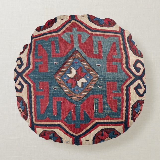 Blue Western Santa Fe Cowboy Style Ornate  Round Pillow (Front)