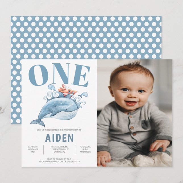 Blue Whale 1st Birthday Party Photo Invitation (Front/Back)