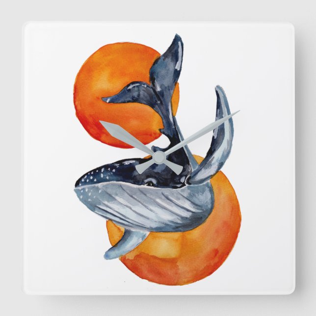 Blue Whale and Golden Balls Square Wall Clock (Front)